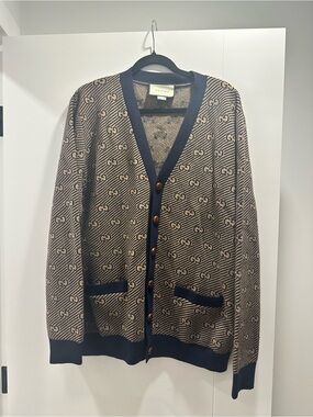 Gucci Brown & Navy GG Monogram V-Neck Cardigan